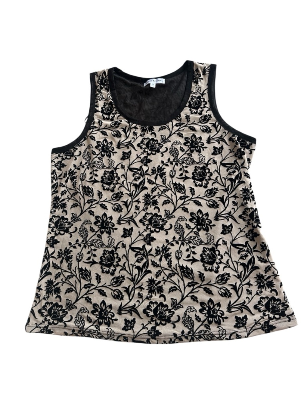 Vintage Womens Black Beige Tank Top Floral Velour Stem Vine Size 2X Sheer Nylon
